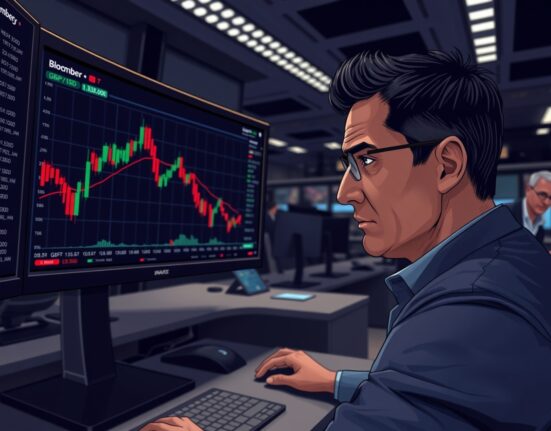Forex trader analyzing GBP/USD decline on Bloomberg Terminal amid market volatility.