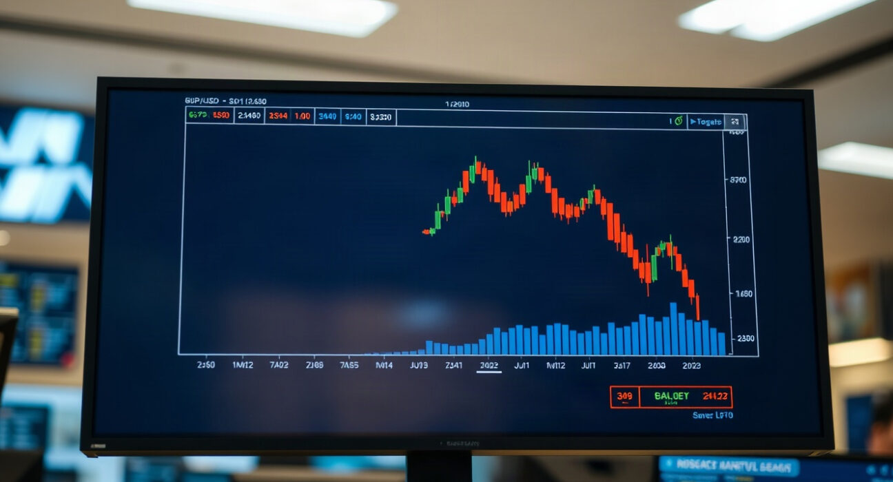 GBP/USD candlestick chart showing downward movement on a trading screen