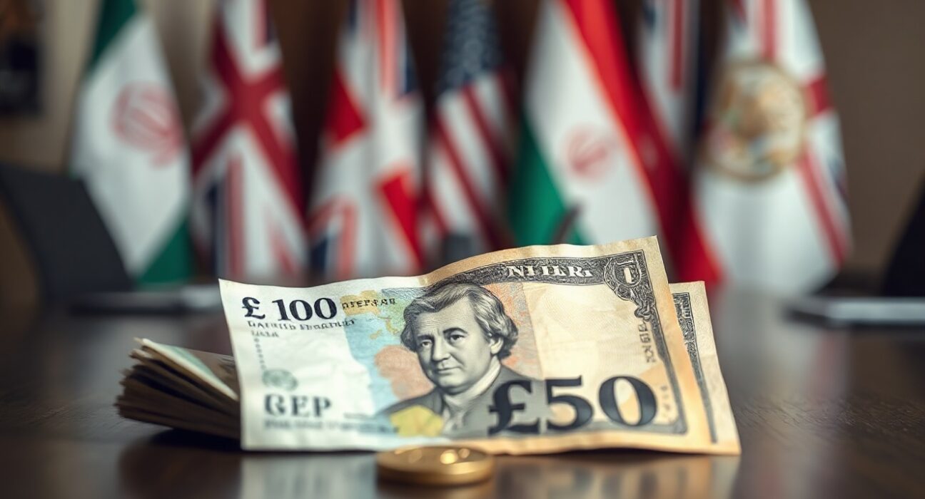 GBP and USD banknotes on a desk with blurred diplomatic flags in background