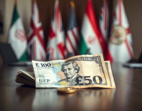 GBP and USD banknotes on a desk with blurred diplomatic flags in background