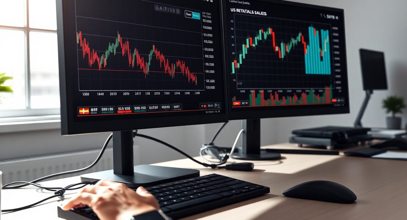 GBP/USD forex chart declining alongside strong US Retail Sales data on trading desk monitors