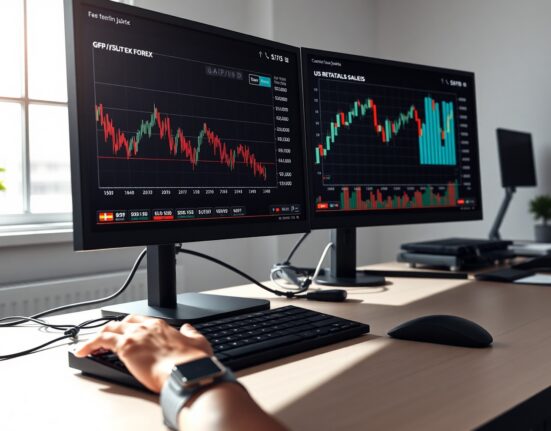 GBP/USD forex chart declining alongside strong US Retail Sales data on trading desk monitors