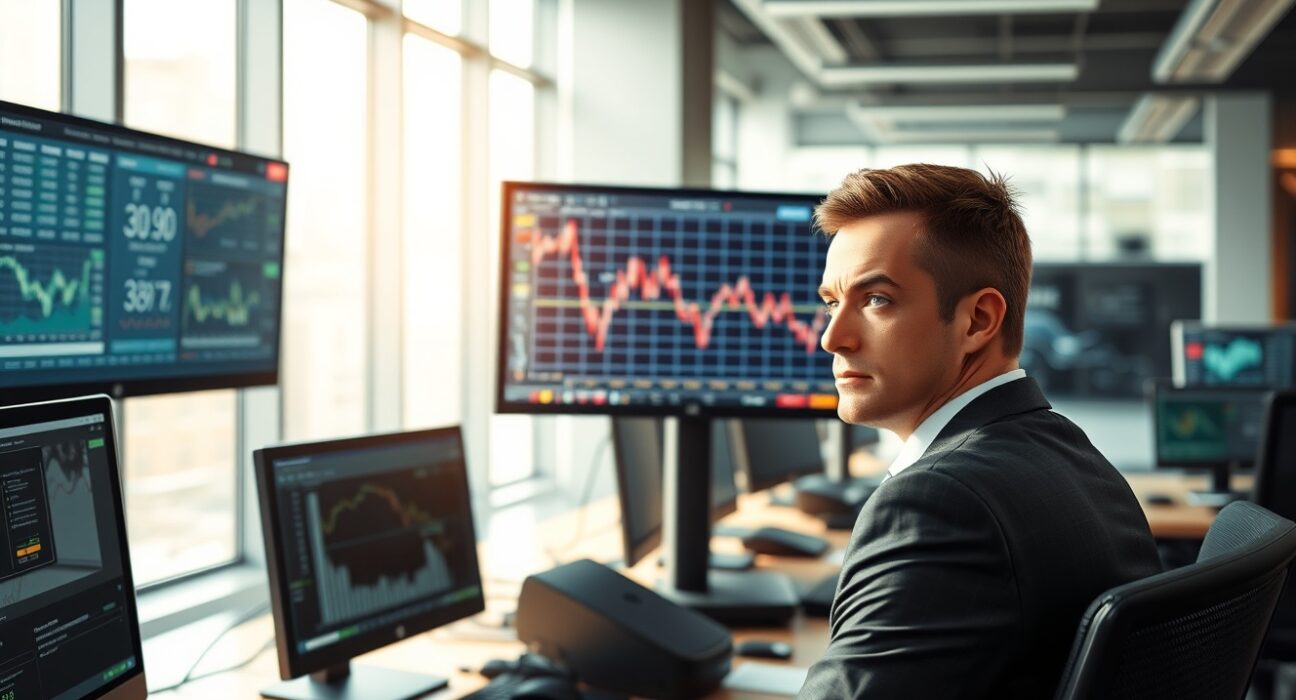 Trader analyzing GBP/USD decline on financial terminal during market volatility