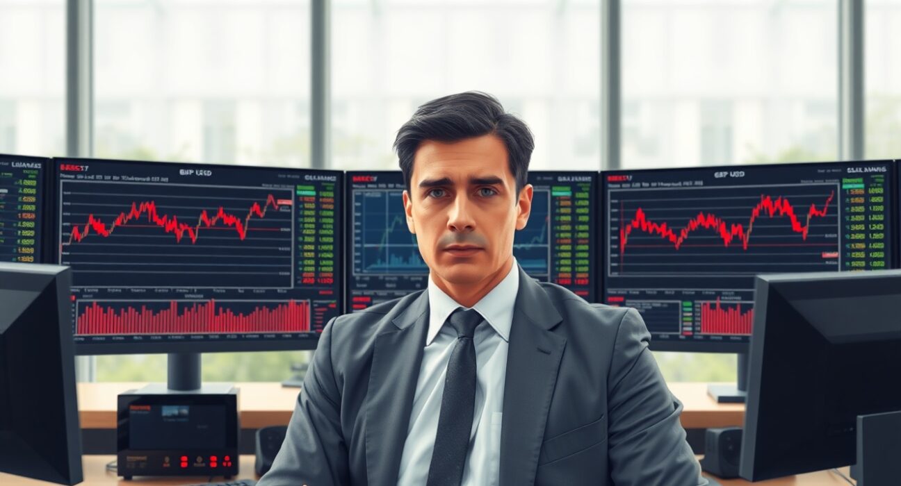 Financial analyst monitoring GBP/USD currency charts after disappointing UK production data release