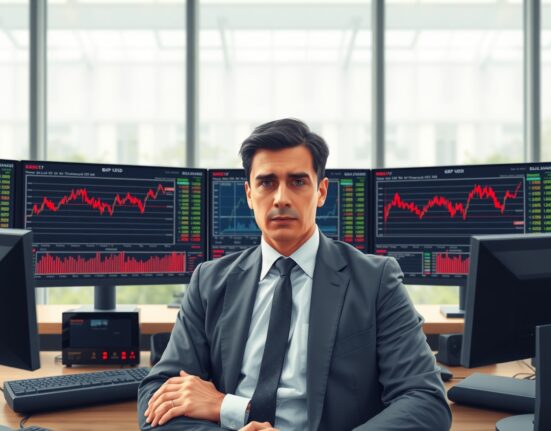 Financial analyst monitoring GBP/USD currency charts after disappointing UK production data release