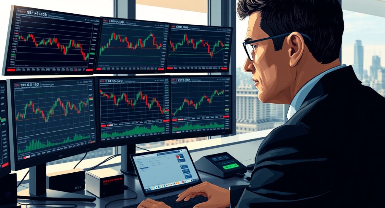 Professional forex trader analyzing GBP/USD currency pair movements on trading terminal