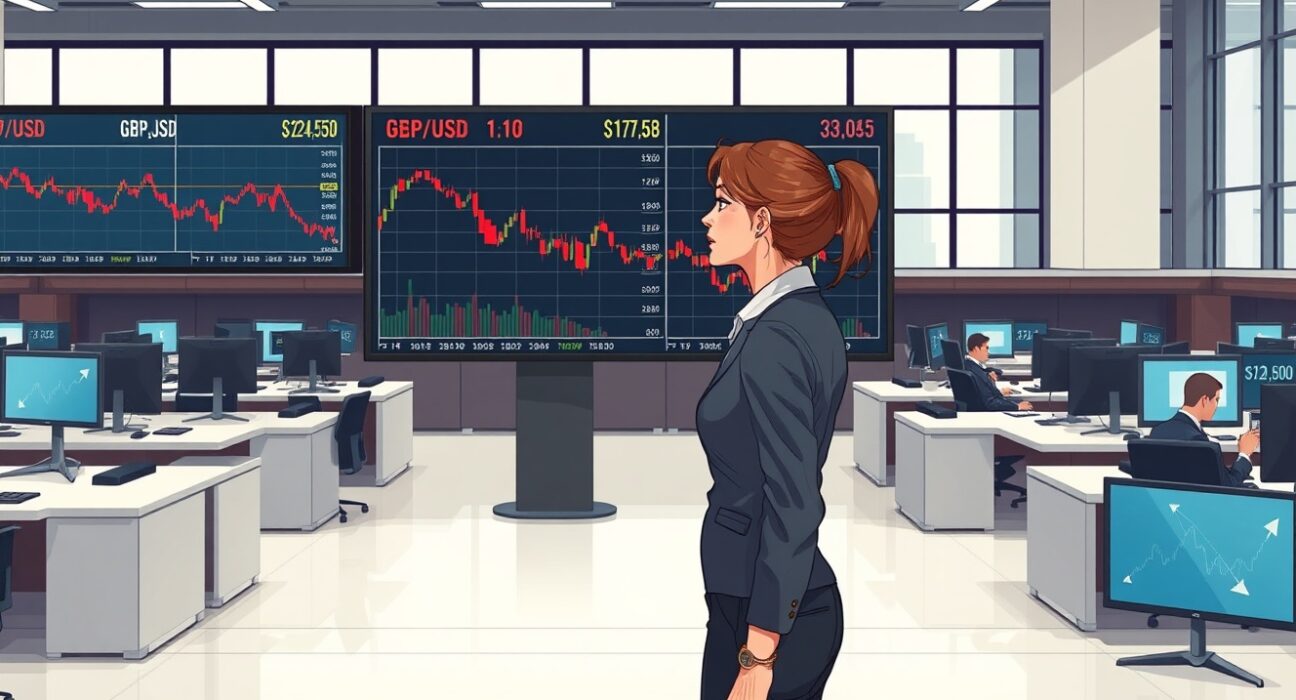 Trader analyzes GBP/USD currency pair slump on trading terminal after strong US jobs report.