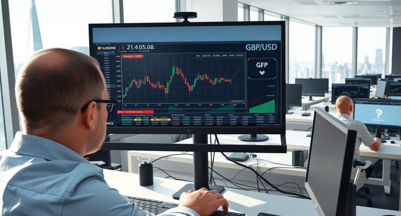 Trader in London analyzes GBP/USD charts after the Federal Reserve's decision to hold interest rates steady.