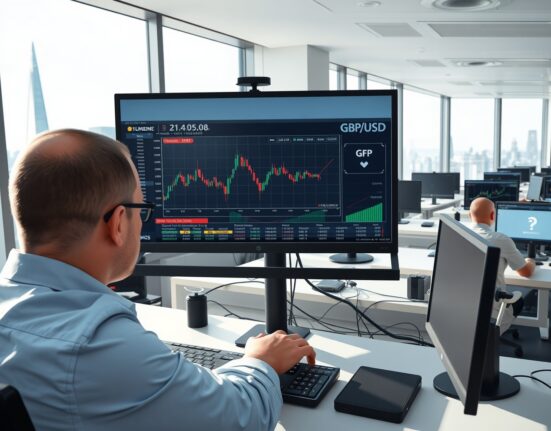 Trader in London analyzes GBP/USD charts after the Federal Reserve's decision to hold interest rates steady.