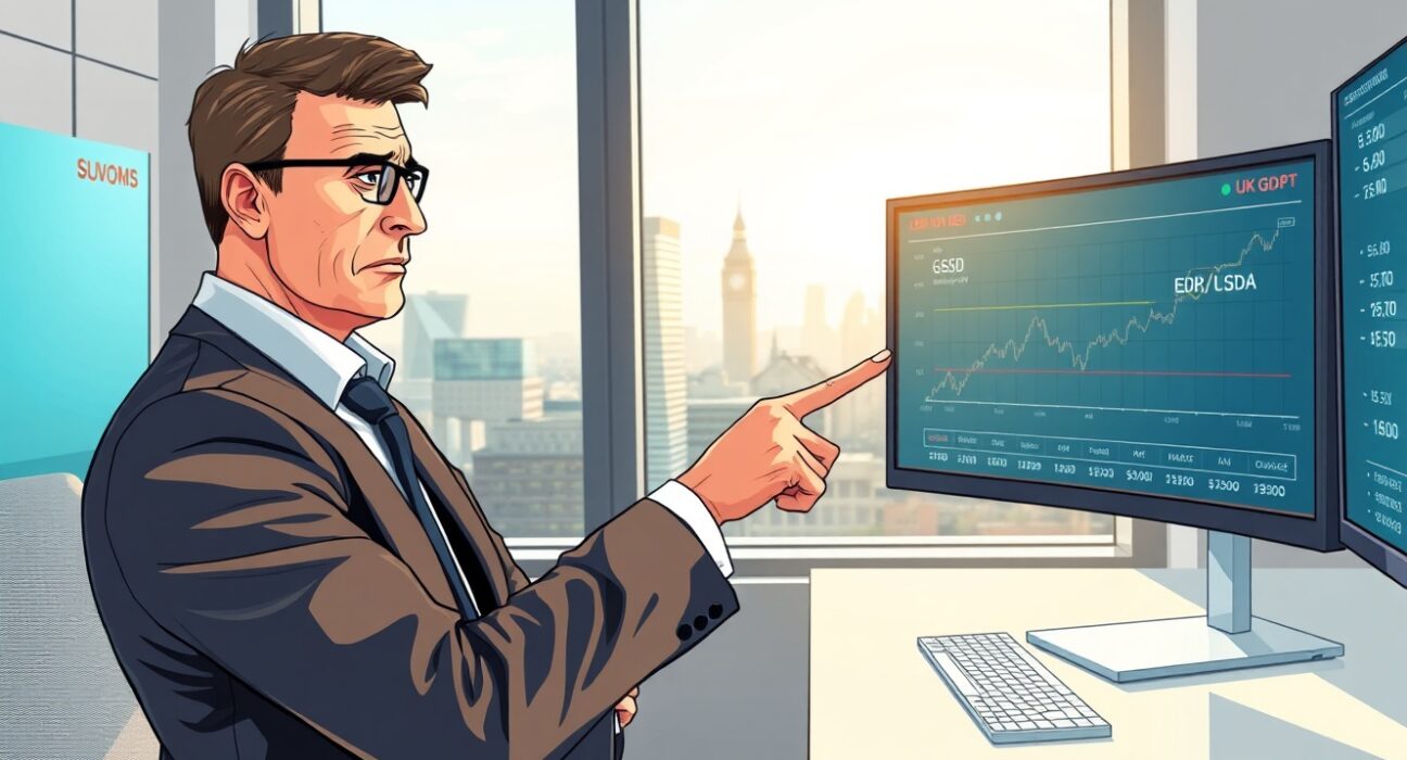 Financial analyst examines GBP/USD exchange rate and UK GDP data showing stagflation risks