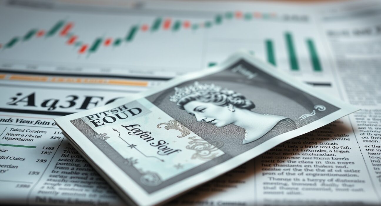 British pound banknote on financial newspaper with candlestick chart, symbolizing GBP/USD analysis