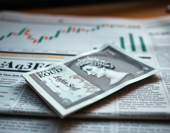 British pound banknote on financial newspaper with candlestick chart, symbolizing GBP/USD analysis
