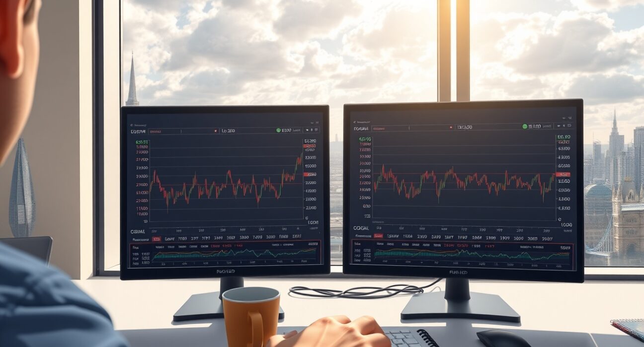 GBP/USD currency pair analysis on a trading terminal in London's financial district.