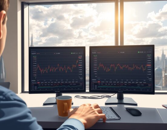 GBP/USD currency pair analysis on a trading terminal in London's financial district.