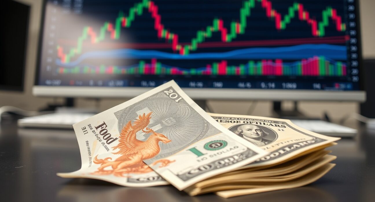 British Pound and US Dollar banknotes on a trading desk with charts in background