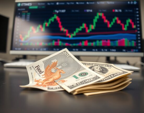 British Pound and US Dollar banknotes on a trading desk with charts in background