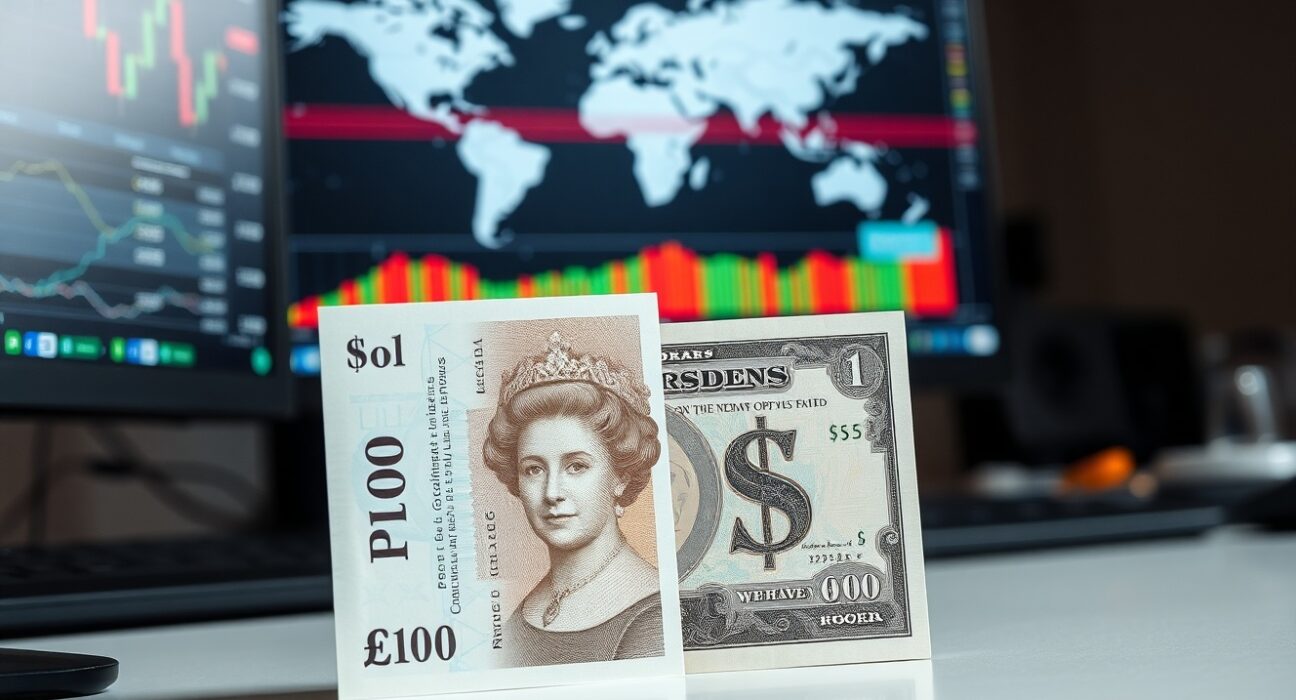 British Pound and US Dollar banknotes on a financial desk with charts in background