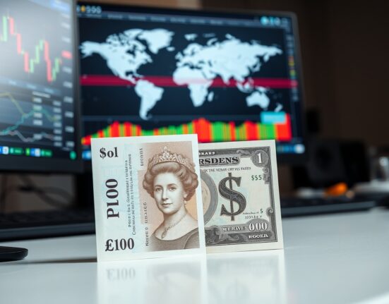 British Pound and US Dollar banknotes on a financial desk with charts in background