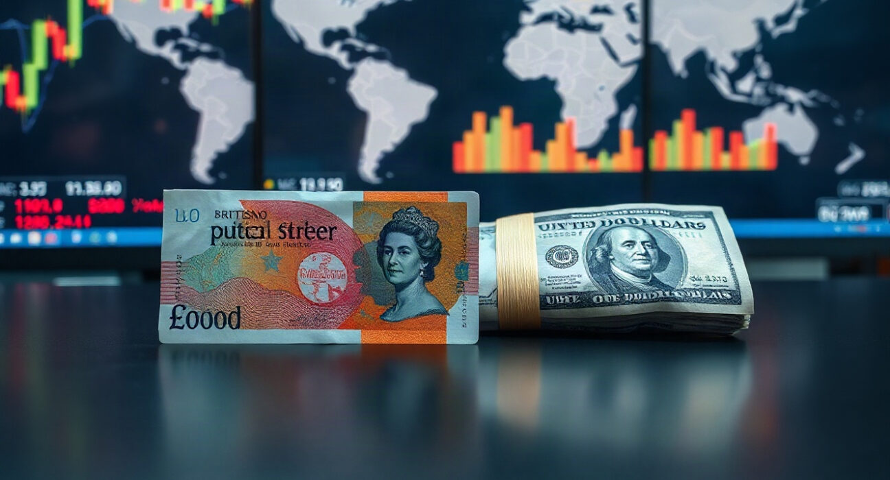 British Pound and US Dollar banknotes on a reflective surface with financial charts in the background