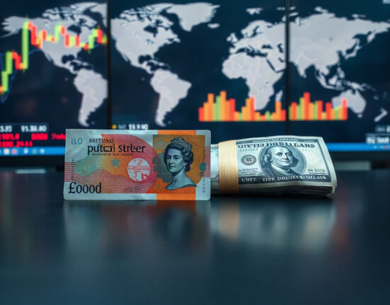 British Pound and US Dollar banknotes on a reflective surface with financial charts in the background
