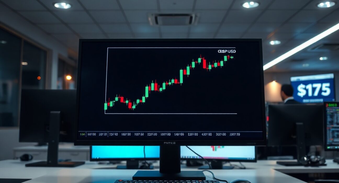 A trader monitors GBP/USD exchange rate charts on a screen in a modern trading office.