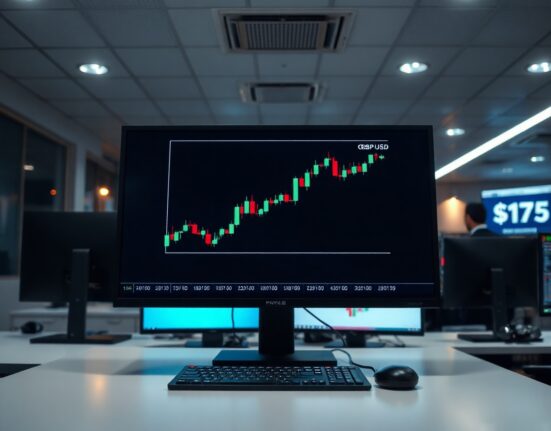 A trader monitors GBP/USD exchange rate charts on a screen in a modern trading office.