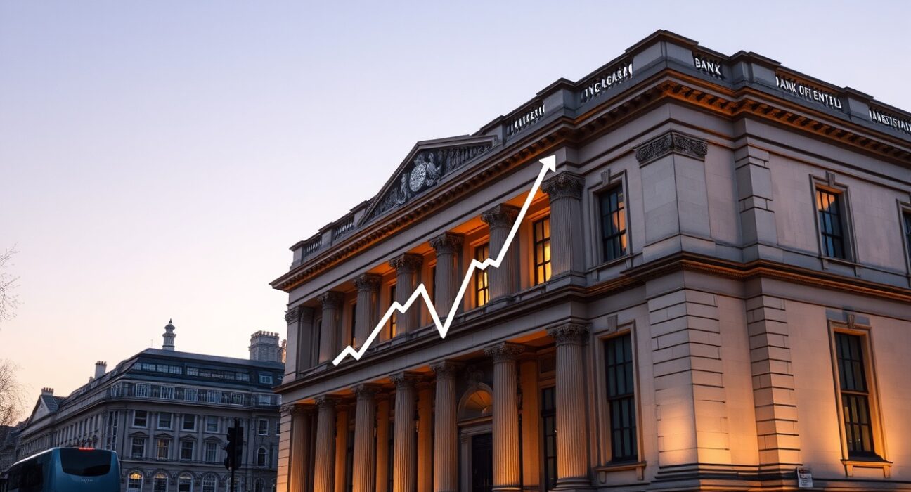 Bank of England building with GBP/USD exchange rate chart overlay showing a surge.