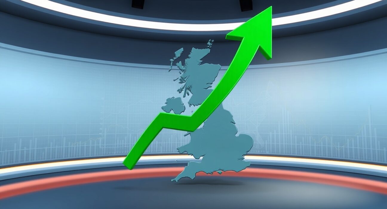 GBP/USD surges as a green arrow points upward over a map of the UK and US, symbolizing the British pound rally after lower US GDP growth and a BoE hold.