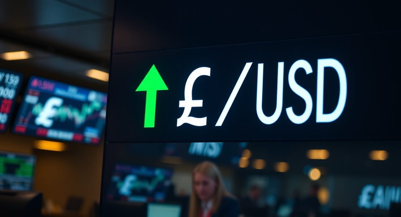 GBP/USD exchange rate rising on a digital trading screen in a financial trading environment.