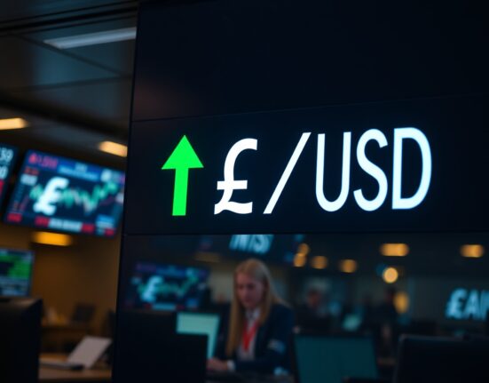 GBP/USD exchange rate rising on a digital trading screen in a financial trading environment.