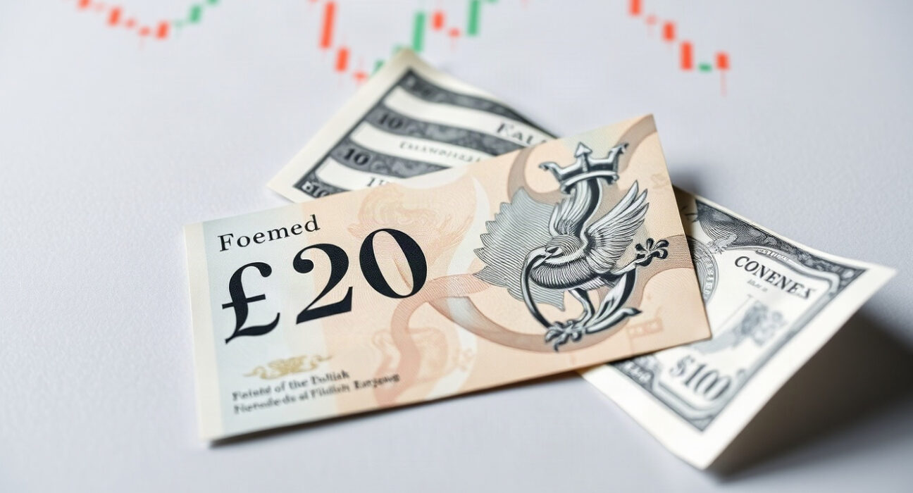 British pound and US dollar banknotes with a financial chart in background
