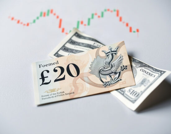 British pound and US dollar banknotes with a financial chart in background