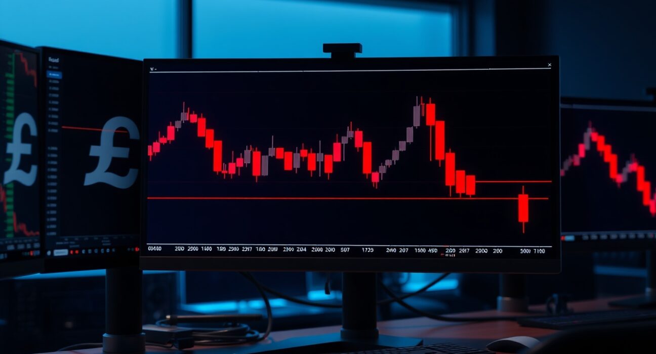 GBP/USD candlestick chart showing price decline below the 20-day EMA on a trading monitor.