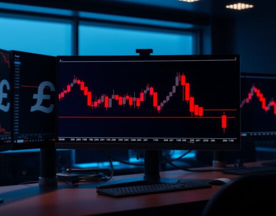 GBP/USD candlestick chart showing price decline below the 20-day EMA on a trading monitor.