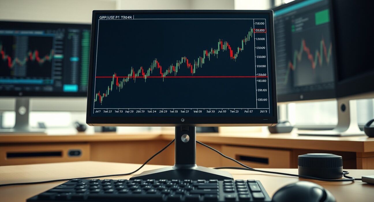 GBP/USD candlestick chart on a trading monitor showing price above the 100-day EMA line.