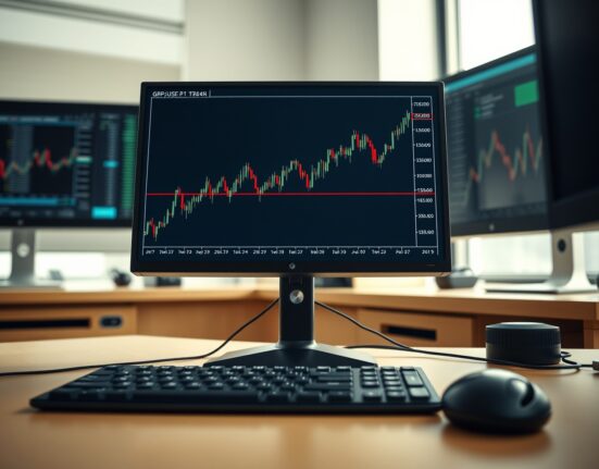 GBP/USD candlestick chart on a trading monitor showing price above the 100-day EMA line.
