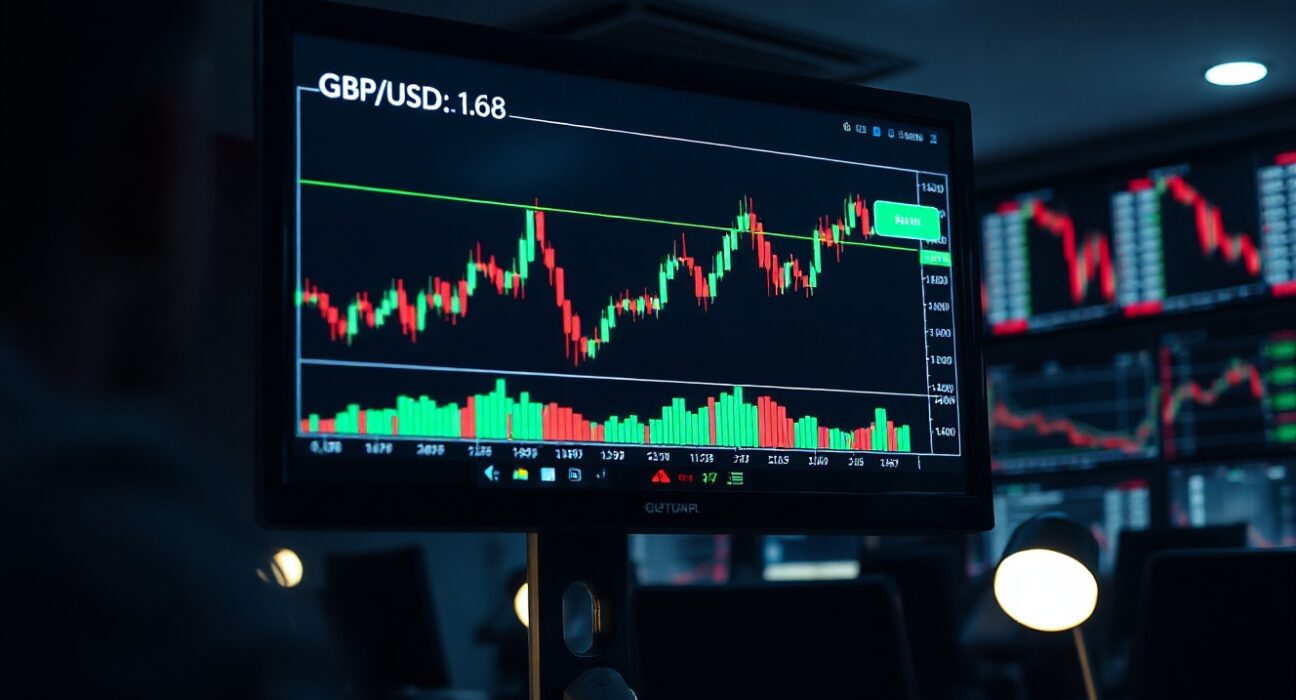 GBP/USD price chart with upward trend on monitor in trading office