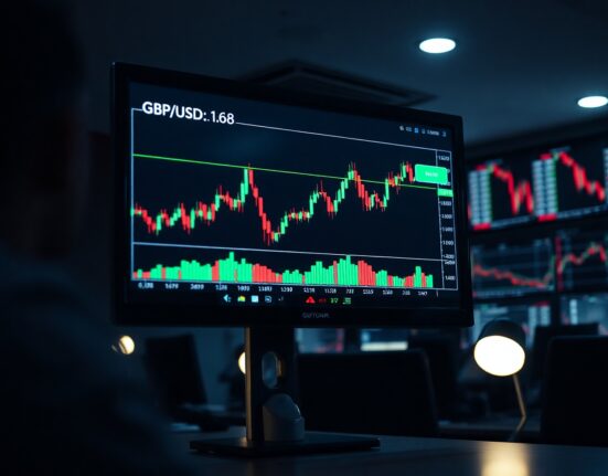 GBP/USD price chart with upward trend on monitor in trading office