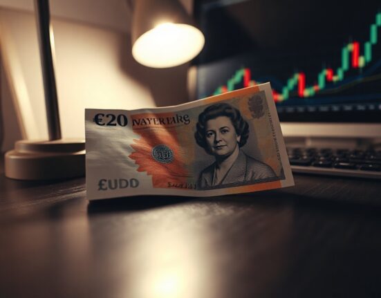 British pound and US dollar banknotes on a desk, representing GBP/USD forex trading
