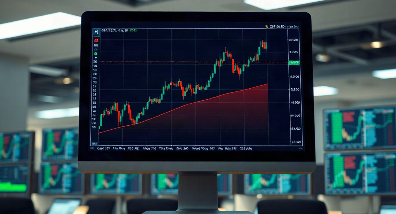 GBP/USD currency trading chart showing an upward trend on a monitor in a financial office.
