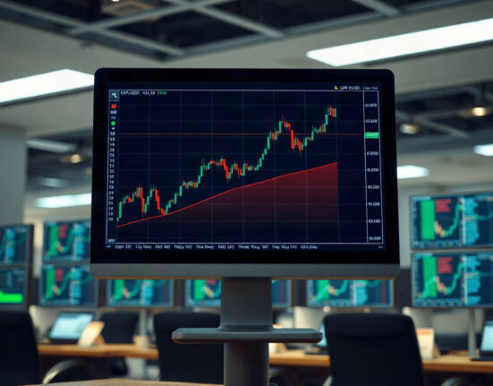 GBP/USD currency trading chart showing an upward trend on a monitor in a financial office.