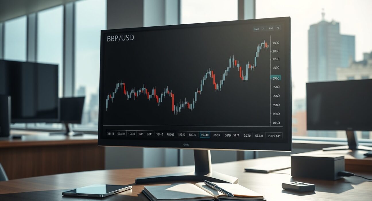 GBP/USD forex chart analysis on a trading desk ahead of the Non-Farm Payrolls report.