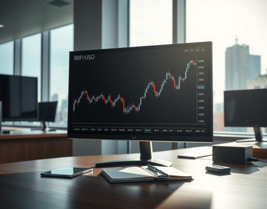GBP/USD forex chart analysis on a trading desk ahead of the Non-Farm Payrolls report.