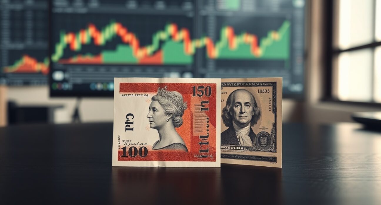 British pound and US dollar banknotes on a desk with financial charts in background