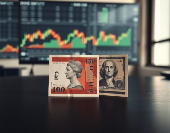 British pound and US dollar banknotes on a desk with financial charts in background