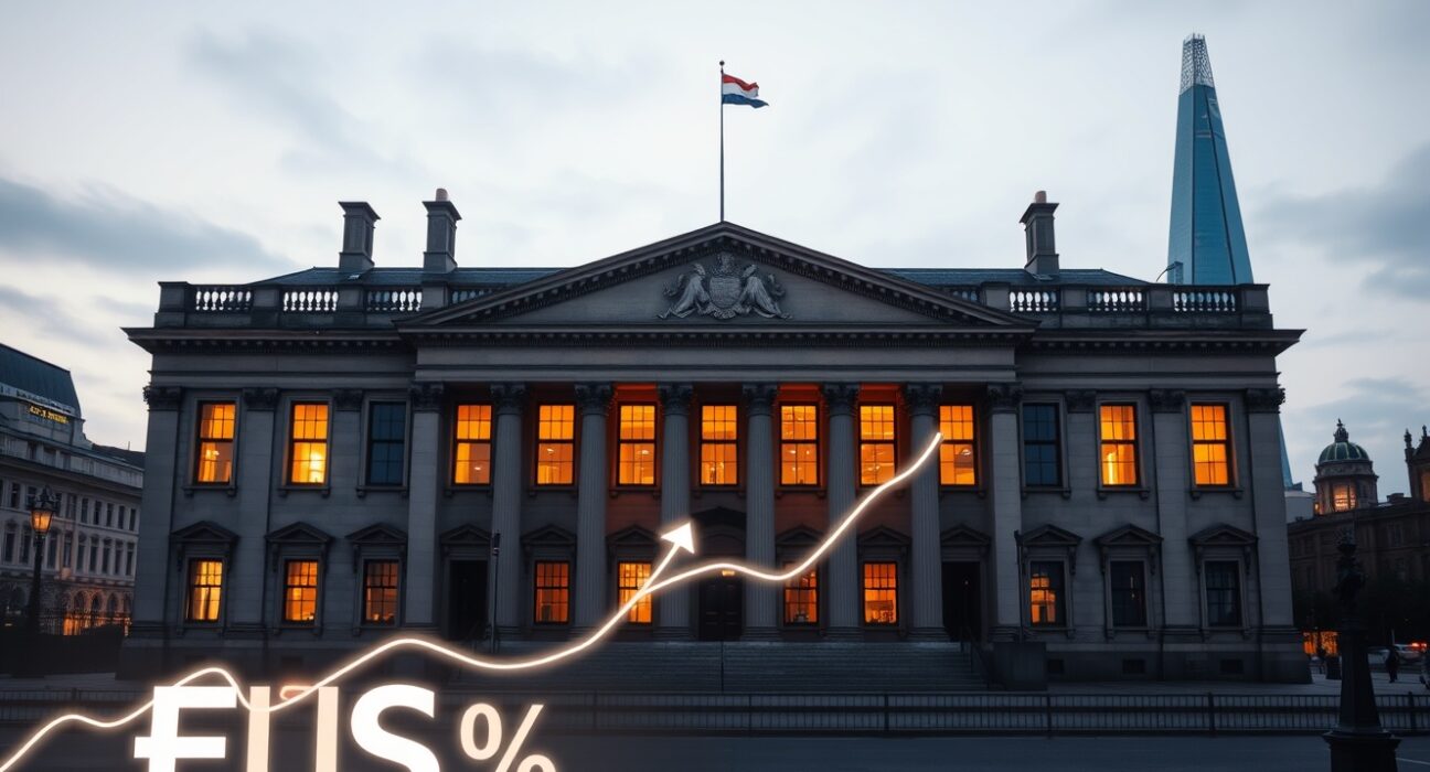 Bank of England building with GBP/USD currency analysis visualization for monetary policy decisions