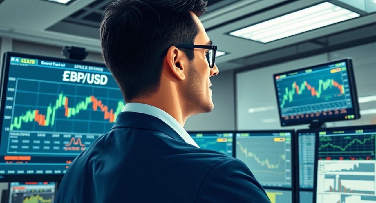 Professional trader analyzing GBP/USD exchange rate movements with UK inflation data on financial monitors