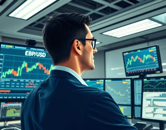 Professional trader analyzing GBP/USD exchange rate movements with UK inflation data on financial monitors
