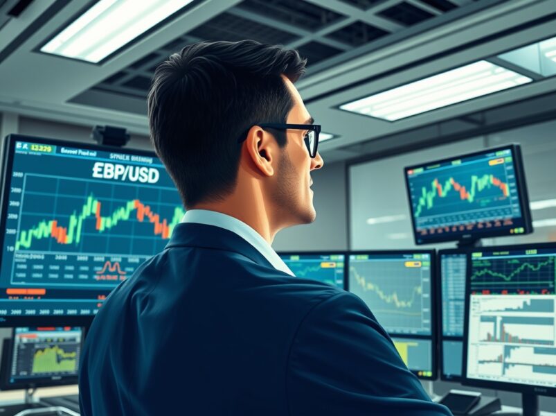 Professional trader analyzing GBP/USD exchange rate movements with UK inflation data on financial monitors