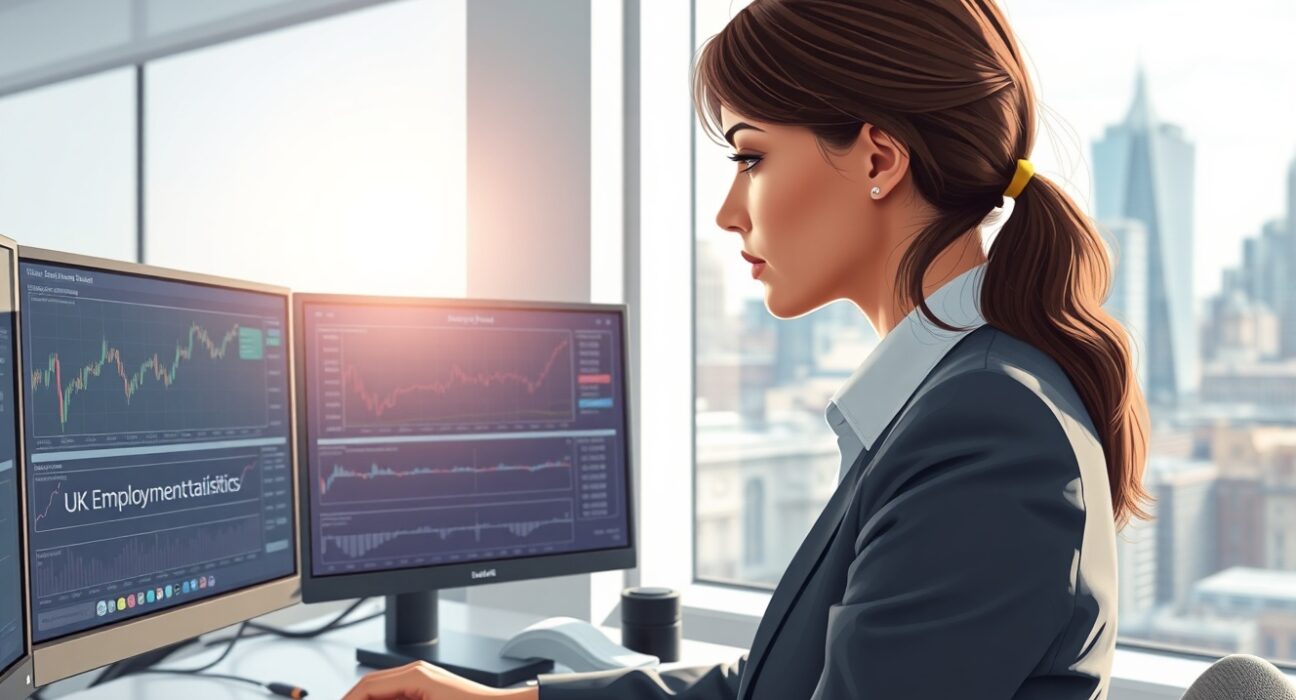 Financial analyst reviewing GBP/USD exchange rates and UK employment data affecting Bank of England policy